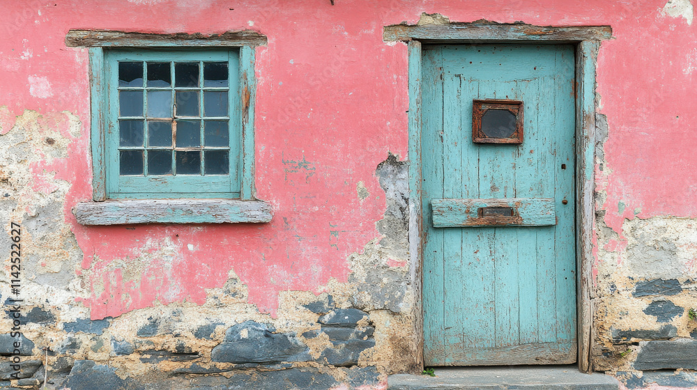 weathered pink wall with rustic blue door and window, showcasing peeling paint and aged textures, creates charming and nostalgic atmosphere weathered pink wall with rustic blue door and window, showcasing peeling paint and aged textures, creates charming and nostalgic atmosphere