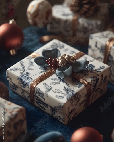 Festive Christmas gift boxes wrapped in elegant white paper featuring a delicate blue floral pattern. photo