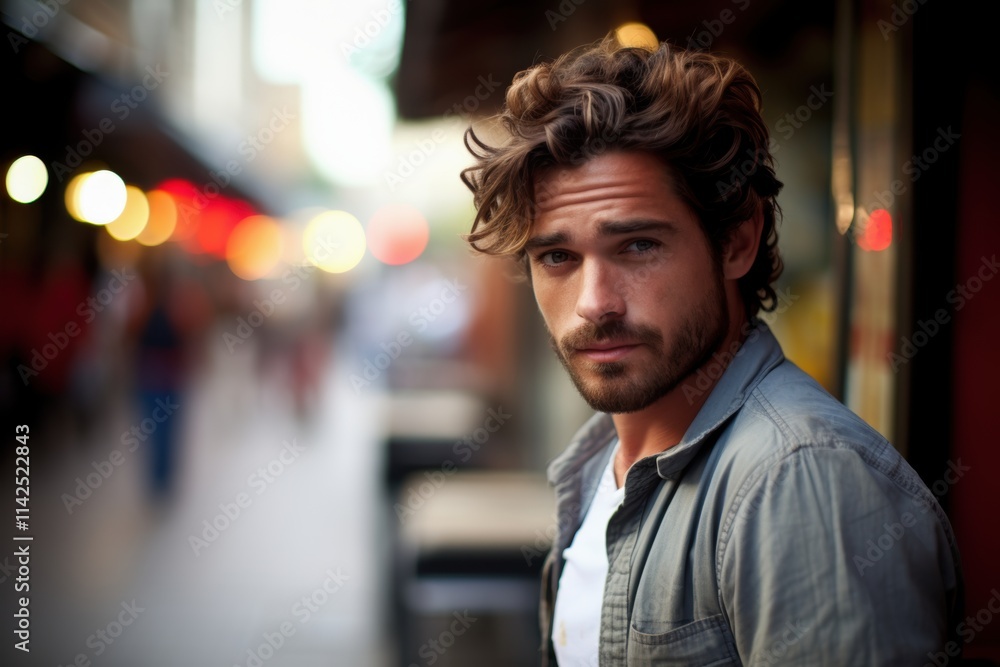A man with a beard and a blue shirt is standing in front of a red building A man with a beard and a blue shirt is standing in front of a red building