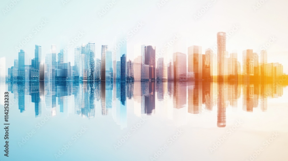 Modern cityscape reflection at dawn with abstract geometric architecture and vibrant sunrise colors Modern cityscape reflection at dawn with abstract geometric architecture and vibrant sunrise colors