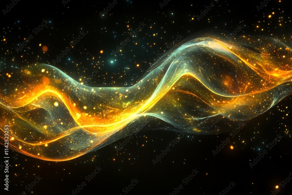 Golden and teal energy wave flowing through sparkling space dust particles on a black background Golden and teal energy wave flowing through sparkling space dust particles on a black background