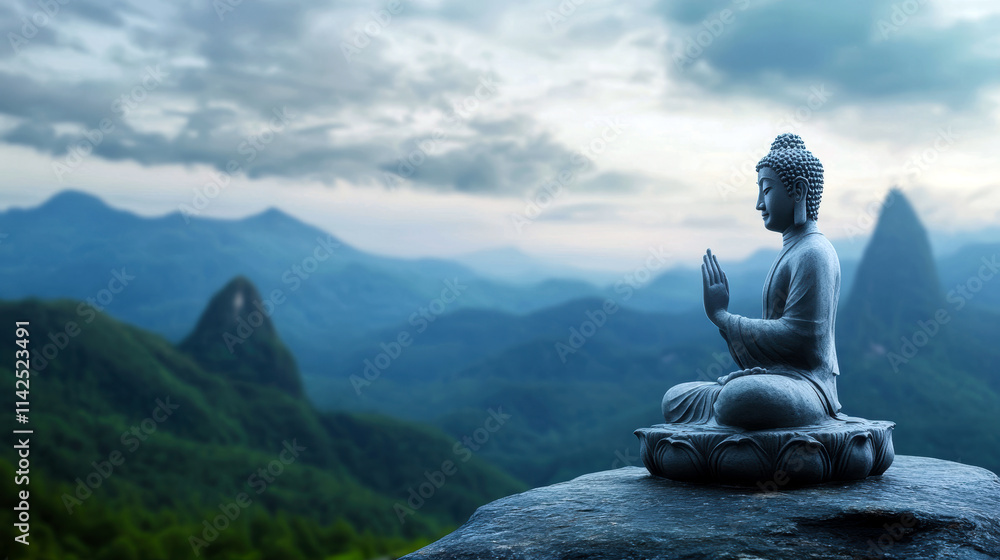 A tranquil Buddha sculpture sits peacefully against a breathtaking mountain landscape, embodying harmony and mindfulness amidst nature's beauty. A tranquil Buddha sculpture sits peacefully against a breathtaking mountain landscape, embodying harmony and mindfulness amidst nature's beauty.