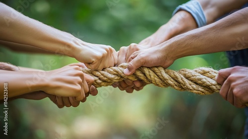 Tug of war: people pulling a rope in a competition of strength and teamwork photo