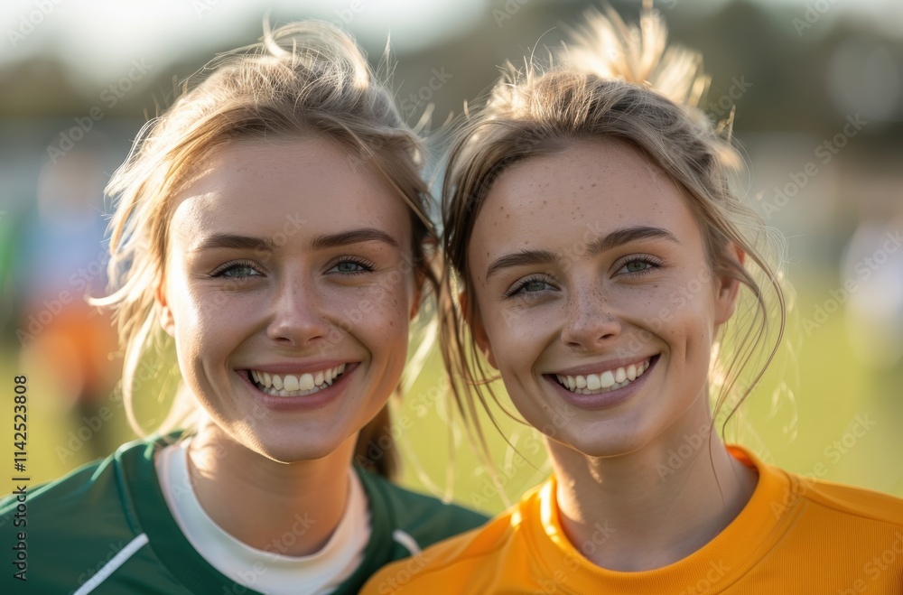 Two smiling female soccer players pose together on a sunny day, showcasing friendship and teamwork on the field. Two smiling female soccer players pose together on a sunny day, showcasing friendship and teamwork on the field.