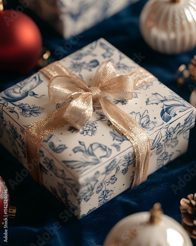 Festive Christmas gift boxes wrapped in elegant white paper featuring a delicate blue floral pattern. photo