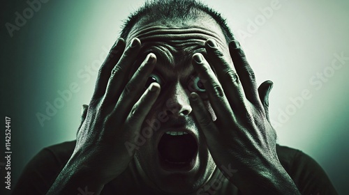 Terrified man screaming and covering his face with hands photo