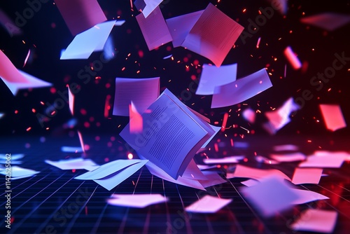 Dynamic Concept of Information Overload with Papers and Data Dispersed in Motion Against a Dark Background with Neon Lighting Effects