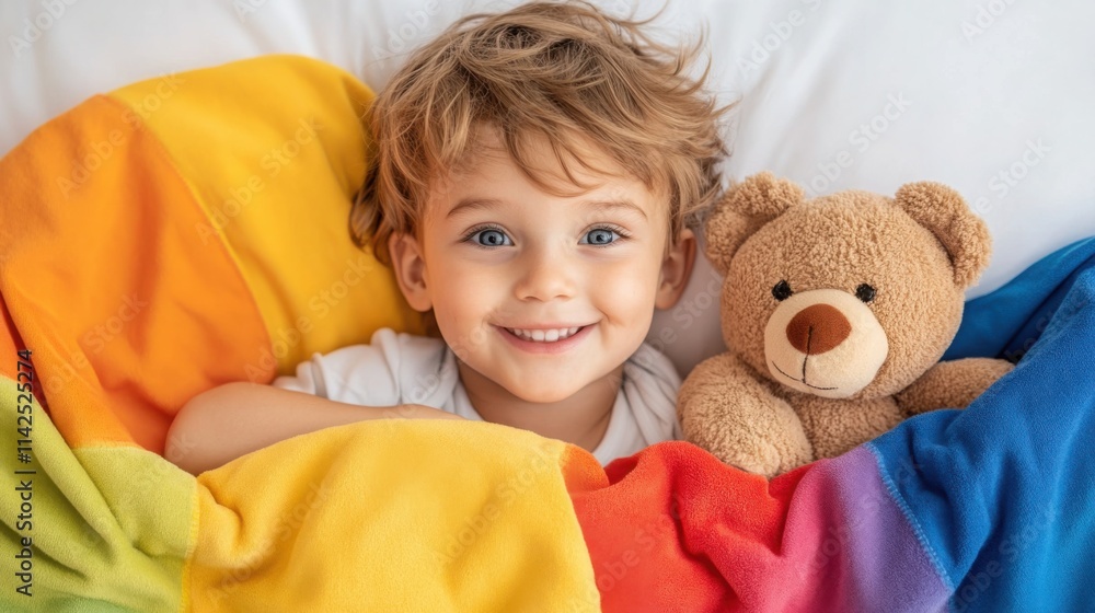 A cheerful child stretching under colorful blankets, with a teddy bear by their side A cheerful child stretching under colorful blankets, with a teddy bear by their side