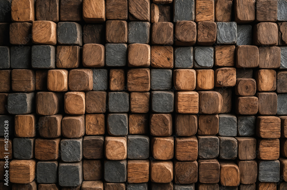 3D blocks with textures resembling wood and metal