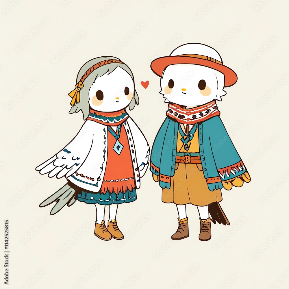 Adorable Couple of Bird-like Characters in Festive Attire Adorable Couple of Bird-like Characters in Festive Attire
