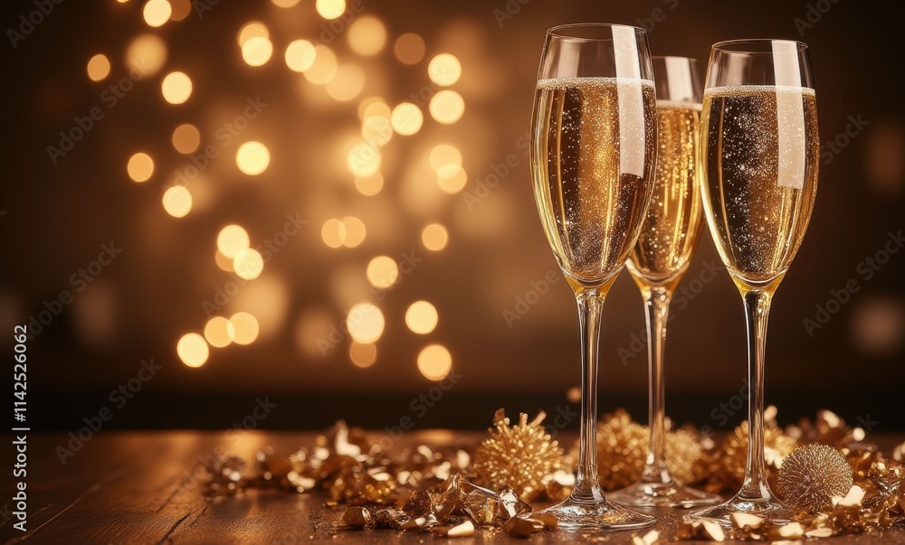 Three elegant champagne flutes with bubbles Three elegant champagne flutes with bubbles