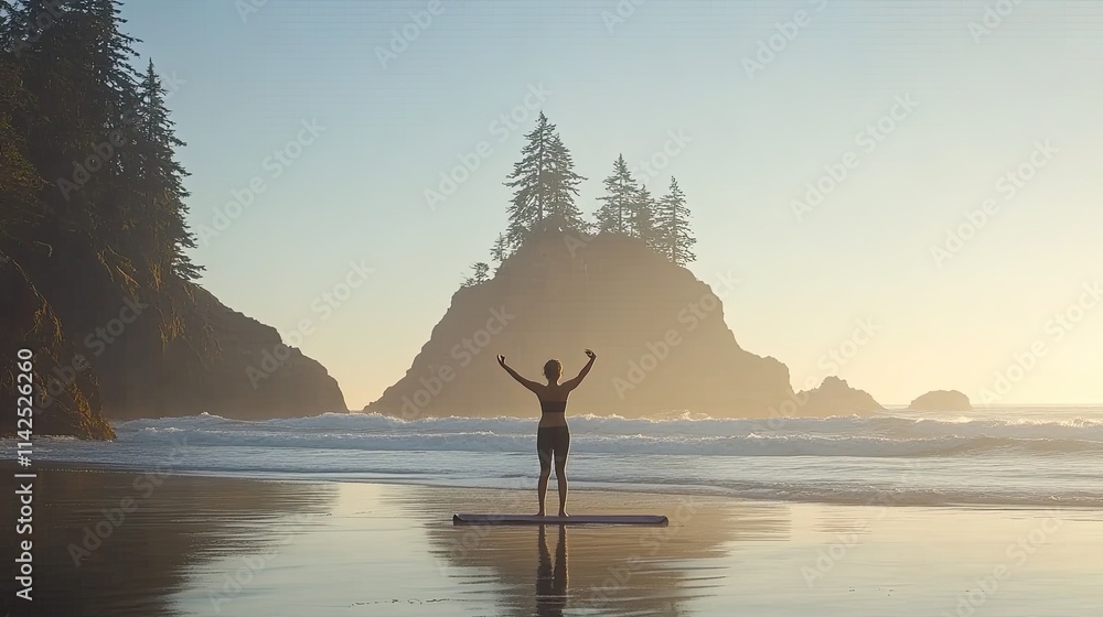 Fototapeta premium A woman practicing yoga on a beach at sunrise, her body flowing through peaceful poses as the waves crash nearby
