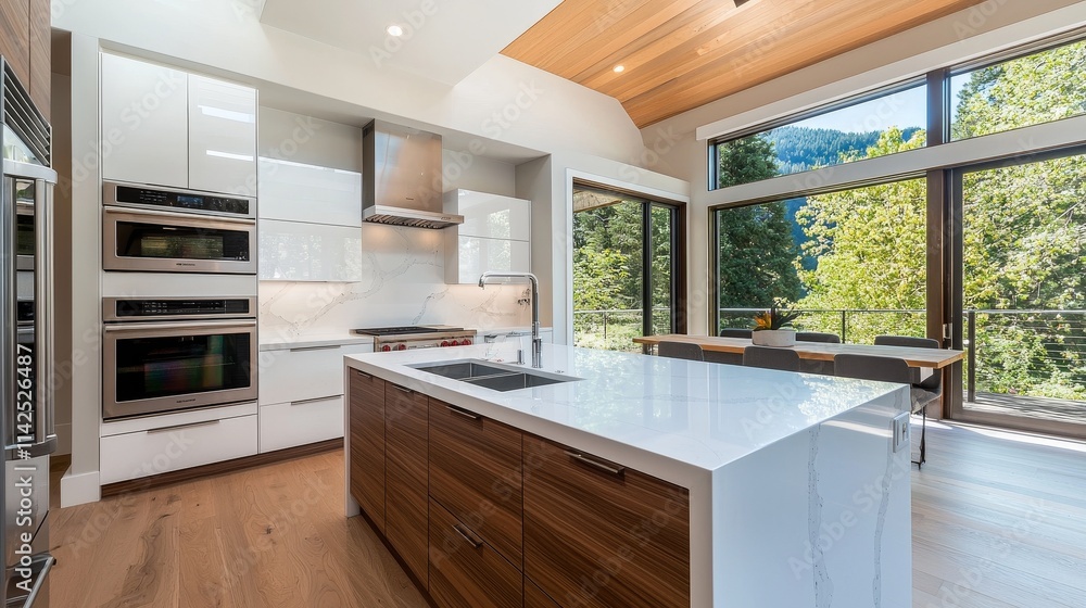 Stylish modern kitchen featuring integrated appliances, sleek cabinetry, and a functional breakfast bar, showcasing a contemporary design perfect for home cooking, entertaining, and daily living.