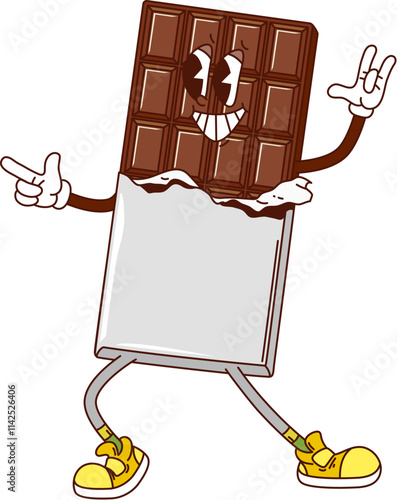 Chocolate bar funny groovy hippie dessert, sweet and candy character. Cartoon vector confectionery in wrapping, retro personage with a joyful expression, exudes fun, happiness and funky playfulness