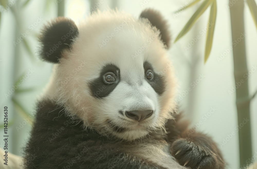 Fototapeta premium A cute panda with distinctive black and white markings sits among bamboo, exuding charm and curiosity in a serene environment.