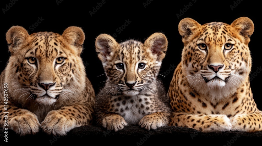Fototapeta premium Three leopards are laying down on a black background