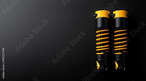 Pair of yellow and black motorcycle shock absorbers on black background. photo