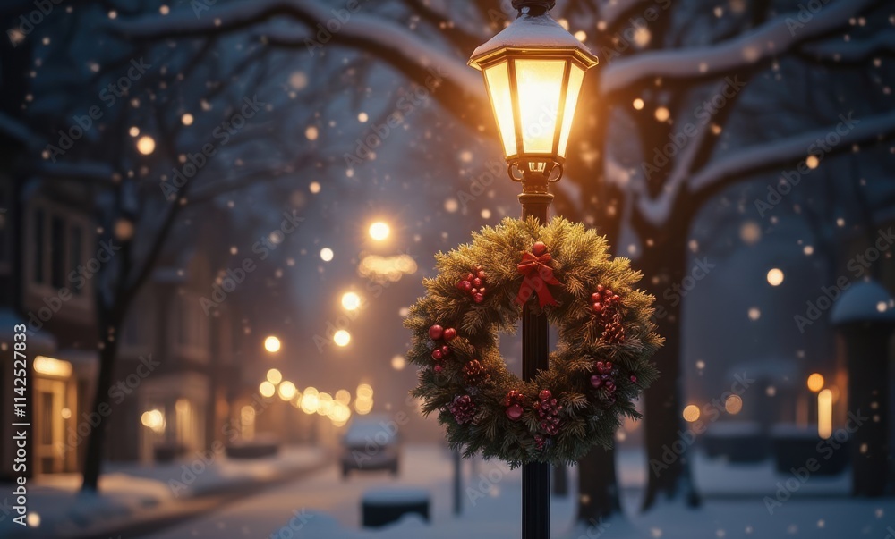 Warm winter night with festive wreath Warm winter night with festive wreath