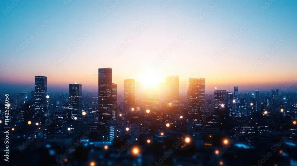 Fototapeta premium A city skyline with a bright sun shining over it