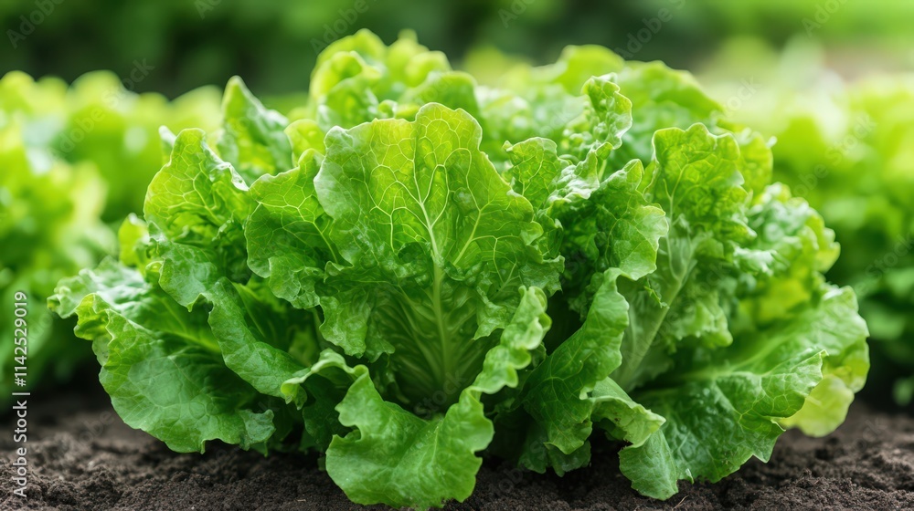 A bunch of green lettuce is growing in the dirt A bunch of green lettuce is growing in the dirt