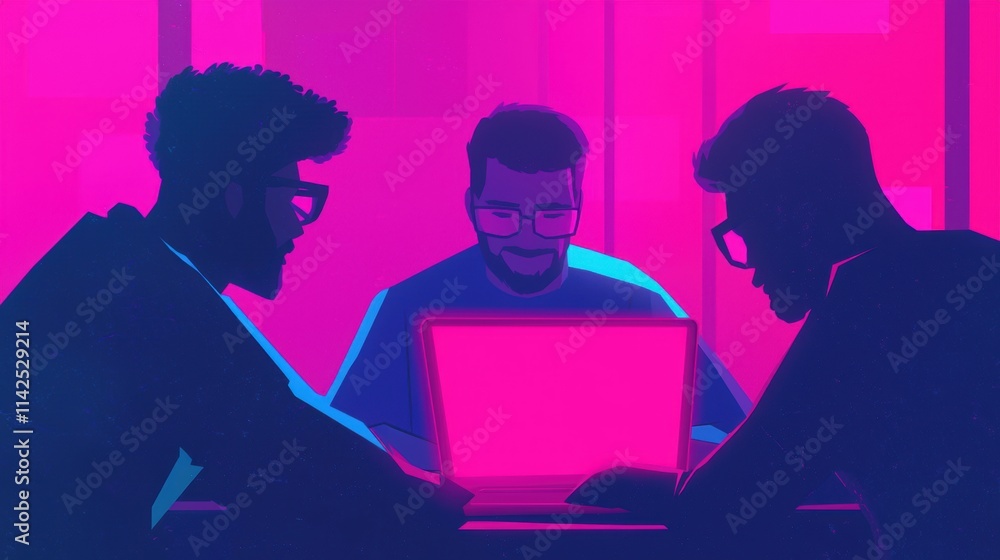 Three Individuals Collaborating on Laptop in Vibrant Neon Colors