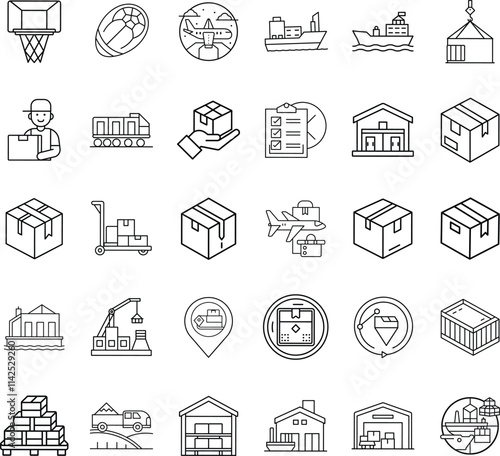 Global Logistics, Shipping, Delivery, Warehouse, Transportation Icons