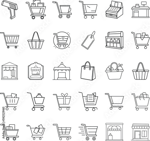 Shopping Cart Icons Retail, Store, Market, Supermarket, Grocery, Shopping Bags, Checkout, Kiosk, Pur