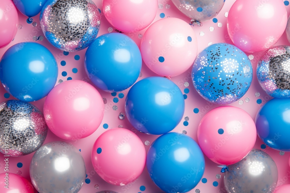 Vibrant pink and blue balloons with silver confetti on a pink background create a joyful party atmosphere Vibrant pink and blue balloons with silver confetti on a pink background create a joyful party atmosphere