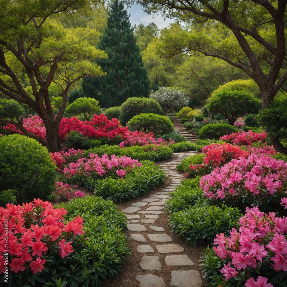 Fototapeta premium A picturesque garden with pathways lined by colorful azaleas.