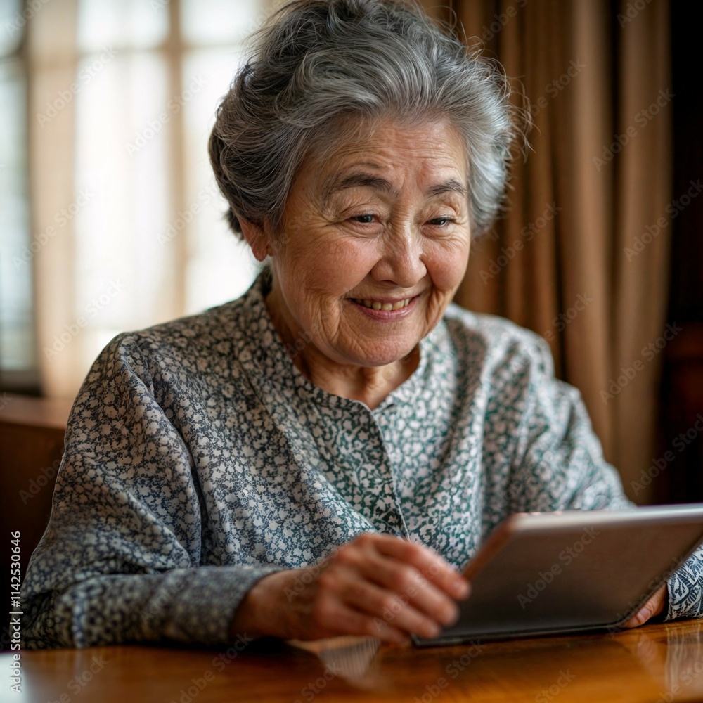 elderly asian woman at the table smiling while looking at a tablet elderly asian woman at the table smiling while looking at a tablet