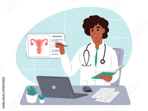 Cervical cancer awareness month. Doctor looks at a cervical health scan on a virtual screen while sitting at a table in a hospital. Diagnosis and treatment of cervical health disease.