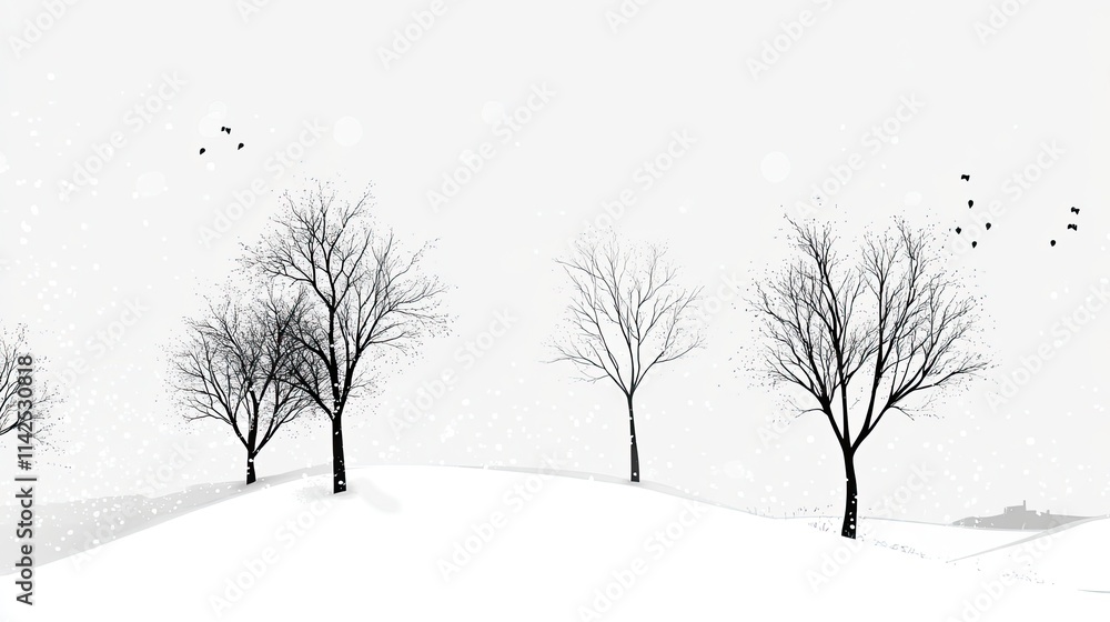 Snowy landscape with bare trees and birds. Snowy landscape with bare trees and birds.