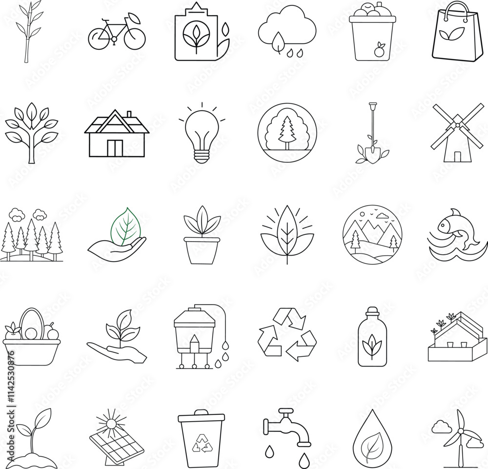 Fototapeta premium EcoFriendly Lifestyle Sustainable Living Icons, Green Energy, Nature