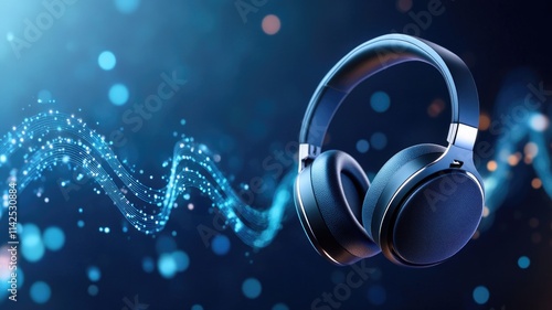 Modern wireless headphones with digital soundwaves on abstract background photo