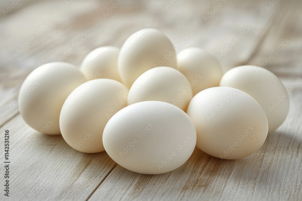 Close-up of fresh white eggs forming a pyramid shape on a light wooden table, creating a simple yet appealing still life Close-up of fresh white eggs forming a pyramid shape on a light wooden table, creating a simple yet appealing still life