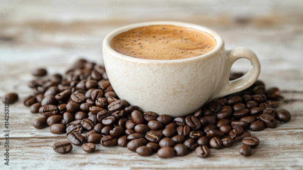 Aromatic coffee in white cup surrounded by roasted coffee beans on rustic wooden table creates warm and inviting atmosphere Aromatic coffee in white cup surrounded by roasted coffee beans on rustic wooden table creates warm and inviting atmosphere