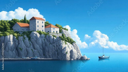 A scenic Croatian island with rugged cliffs, charming stone houses