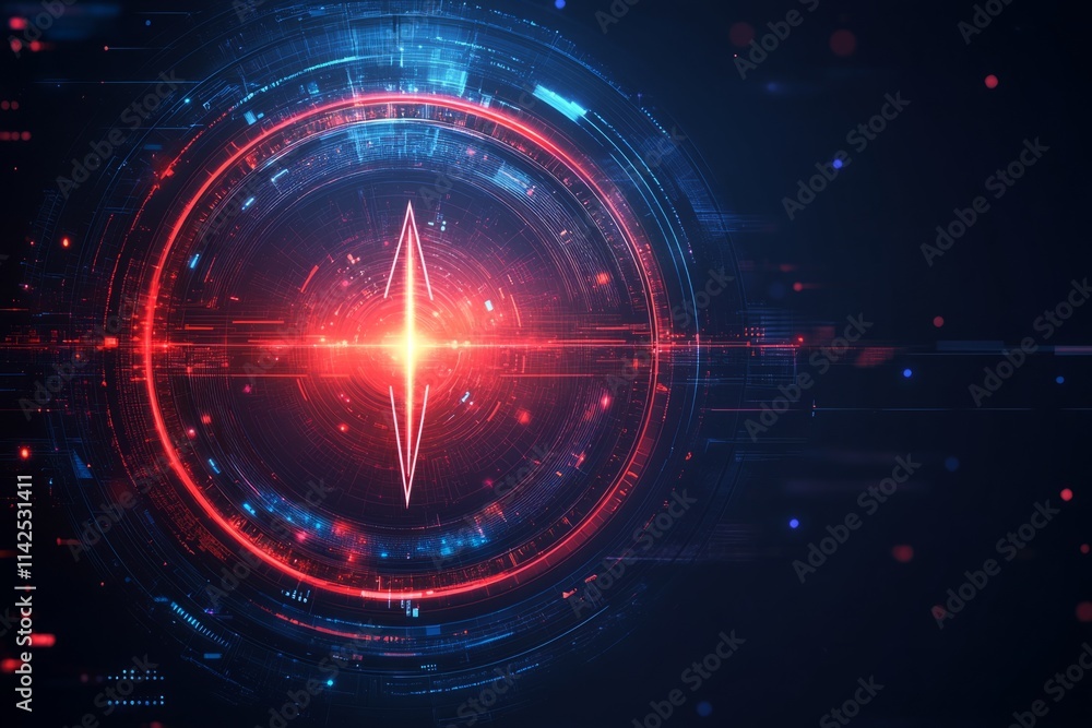 Obraz premium Futuristic head-up display element rotating with bright red and blue lights on a dark background