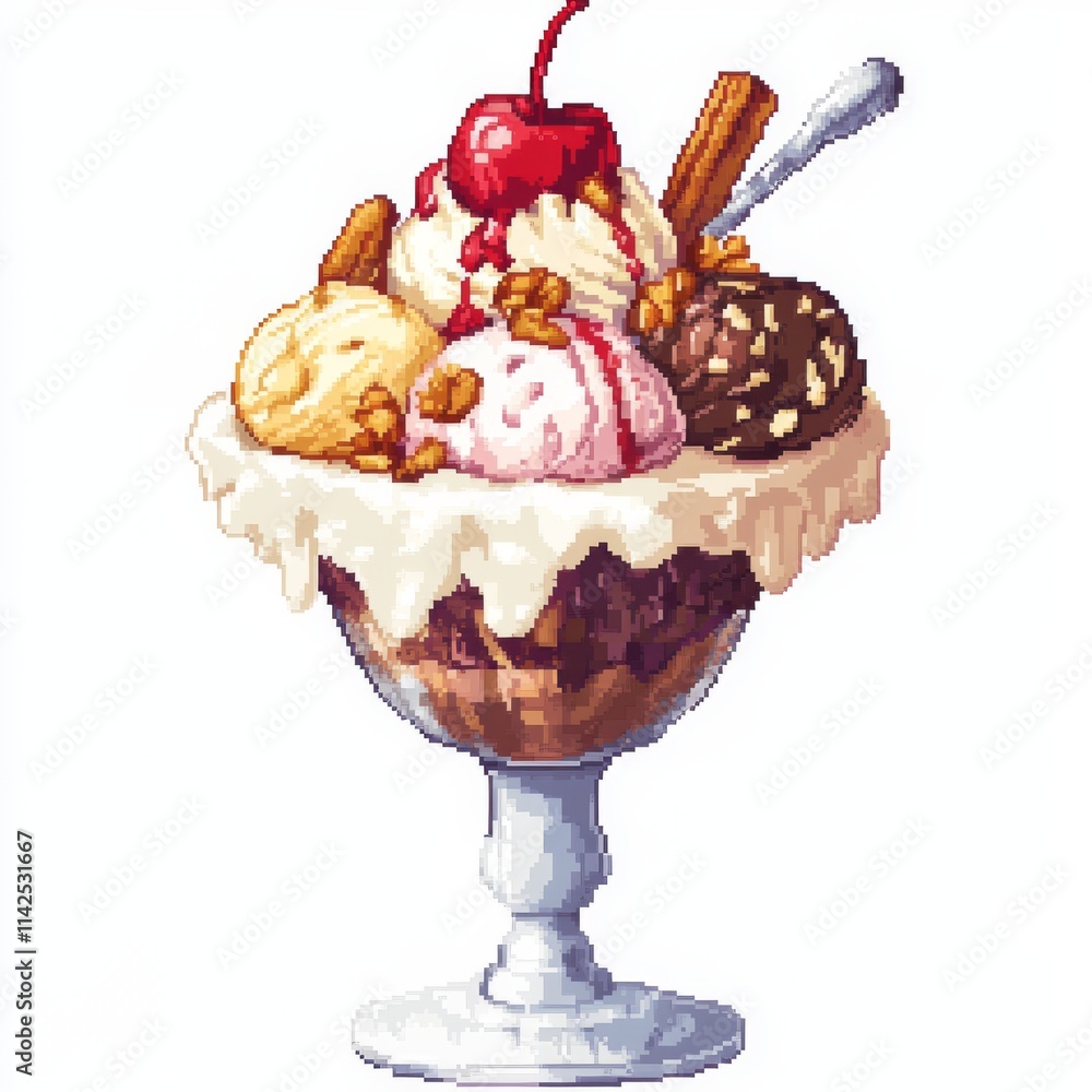 Retro Pixel Art Ice Cream Sundae on White Canvas - Sweet Treat with Whipped Cream, Nuts, and Cherry Retro Pixel Art Ice Cream Sundae on White Canvas - Sweet Treat with Whipped Cream, Nuts, and Cherry
