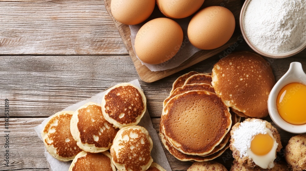 Eggs, Flour, and Pancakes Delicious Breakfast Ingredients for Morning Meals Eggs, Flour, and Pancakes Delicious Breakfast Ingredients for Morning Meals