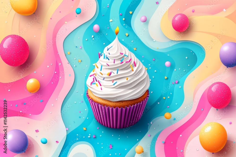 Single cupcake with a lit candle, adorned with sprinkles, takes center stage amidst a vibrant backdrop of colorful balloons and a swirling, abstract design Single cupcake with a lit candle, adorned with sprinkles, takes center stage amidst a vibrant backdrop of colorful balloons and a swirling, abstract design