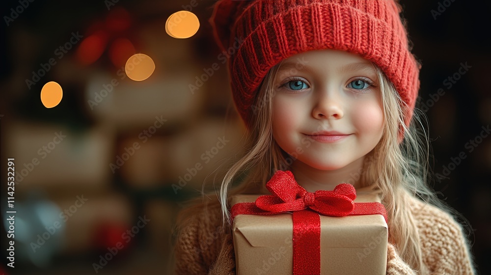A child with bright eyes smiles while holding a gift in a warm, inviting space adorned with Christmas decorations, creating a festive atmosphere A child with bright eyes smiles while holding a gift in a warm, inviting space adorned with Christmas decorations, creating a festive atmosphere
