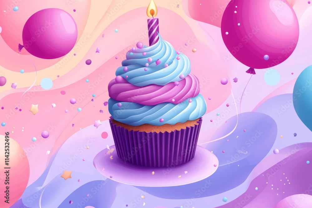 Festive cupcake with a lit candle sits amidst colorful balloons and confetti, creating a joyful birthday scene Festive cupcake with a lit candle sits amidst colorful balloons and confetti, creating a joyful birthday scene