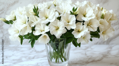 Beautiful arrangement of white flowers in clear vase, showcasing elegance and freshness. Perfect for home decor or special occasions, adding touch of nature to any space