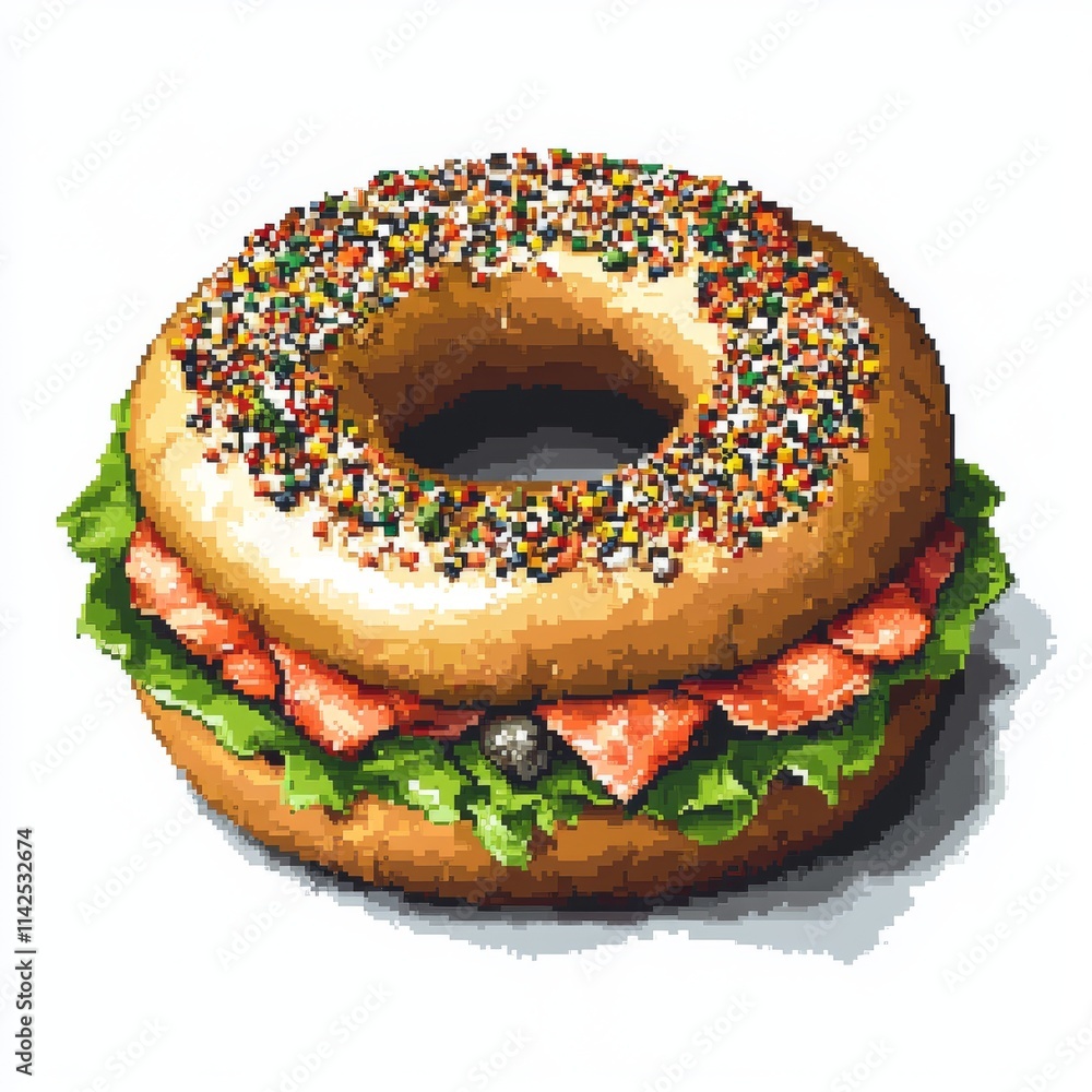 Savory Pixel Art Bagel Sandwich - Vibrant and Delicious Culinary Creation on White Background Savory Pixel Art Bagel Sandwich - Vibrant and Delicious Culinary Creation on White Background