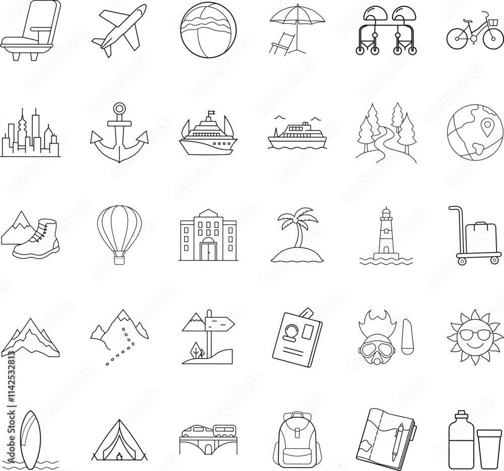 Travel Icons Airplane, Cruise, Beach, City, Adventure, Exploration Travel Icons Airplane, Cruise, Beach, City, Adventure, Exploration