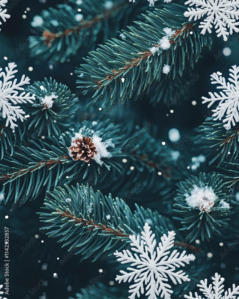 Snowflake Pattern on Evergreen Branches in Winter Snowflake Pattern on Evergreen Branches in Winter