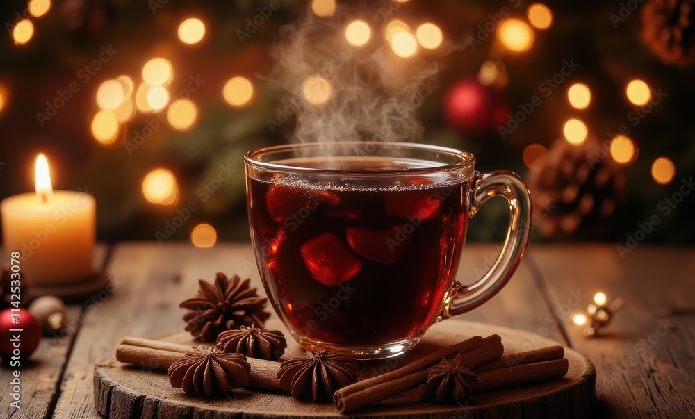 Steaming cup of tea with festive ambiance Steaming cup of tea with festive ambiance