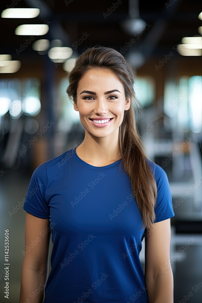 Confident gym trainer stands smiling in fitness center, eager to guide clients through effective workouts and healthy routines Confident gym trainer stands smiling in fitness center, eager to guide clients through effective workouts and healthy routines