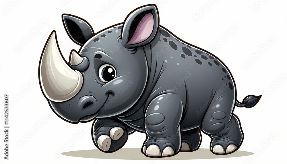 Fototapeta premium Adorable cartoon rhinoceros cheerfully trotting, showcasing its playful character and rounded features.